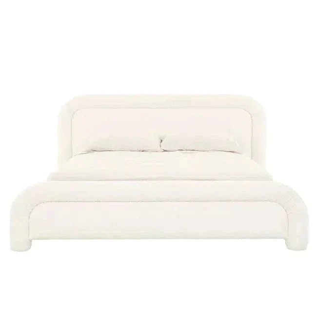 King size GlobeWest Almos Chubby Bed in ivory boucle fabric with sculptural curves and fully upholstered design.