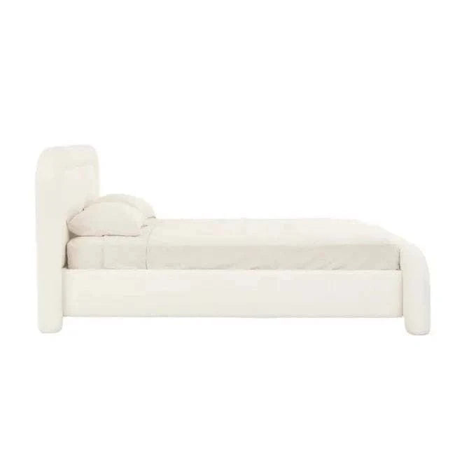 King size GlobeWest Almos Chubby Bed in ivory boucle with sculptural curved upholstered frame and tubular contours