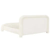 Ivory boucle upholstered GlobeWest Almos Chubby King bed with sculptural curved design and fully upholstered frame