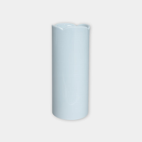 norsu Studio Flow large ceramic petal vase in soft muted blue with scalloped rim and glossy finish