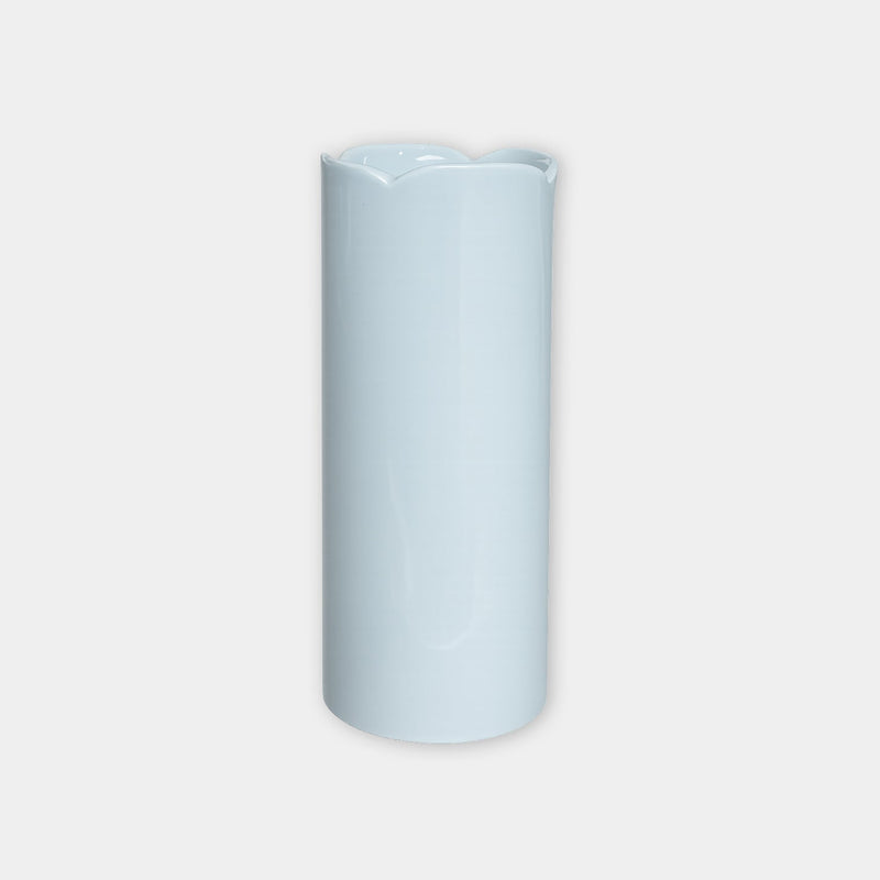 norsu Studio Flow large ceramic petal vase in soft muted blue with scalloped rim and glossy finish