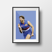 Framed Dom Gauci kids art print of Marcus Bontempelli in Western Bulldogs AFL uniform, original colourway, black frame