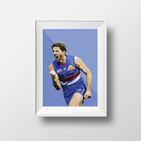 Framed Dom Gauci kids art print of Marcus Bontempelli in Western Bulldogs AFL uniform, original colourway, white frame