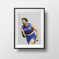 Framed Dom Gauci kids art print of Marcus Bontempelli in Western Bulldogs AFL uniform on grey background, black frame