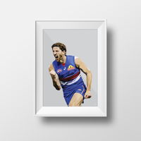 Framed Dom Gauci kids art print of Marcus Bontempelli in Western Bulldogs AFL uniform on grey background, white frame