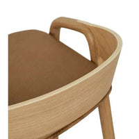 Tolv Inlay Barstool with pecan leather seat and light oak curved backrest, modern low-back upholstered stool