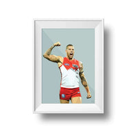 Framed DG Designs Dom Gauci Kids Art Print featuring Buddy Franklin AFL football player in sage green background