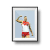 Framed Dom Gauci kids art print of AFL player Buddy Franklin in red and white uniform on powder blue background