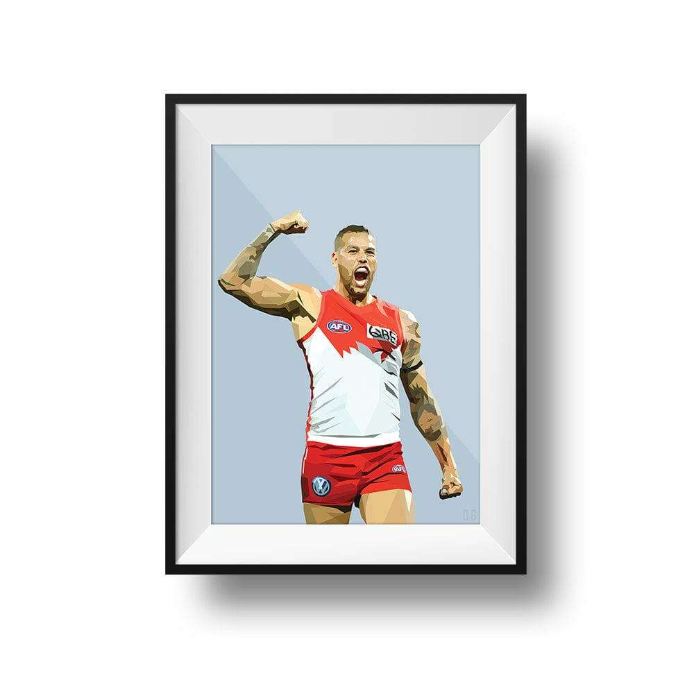 Framed Dom Gauci kids art print of AFL player Buddy Franklin in red and white uniform on powder blue background