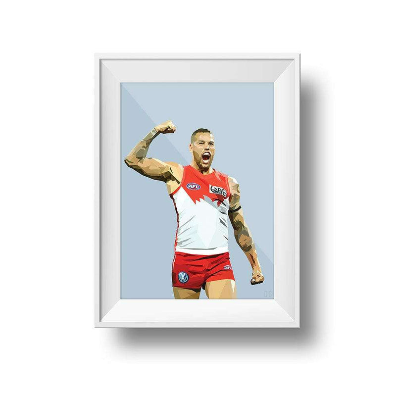 Framed DG Designs Dom Gauci kids art print of AFL player Buddy Franklin in red and white sports uniform on powder blue background