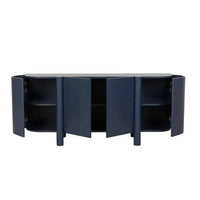 GlobeWest Artie Buffet in Twilight color with 4 doors, curved design, ash veneer construction, and spacious internal compartments.
