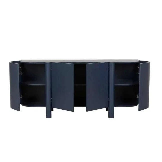 GlobeWest Artie Buffet in Twilight color with 4 doors, curved design, ash veneer construction, and spacious internal compartments.