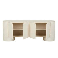 GlobeWest Pluto Buffet in porcelain finish with curved silhouette, ash veneer and MDF construction, featuring four doors and internal shelving for modern storage.