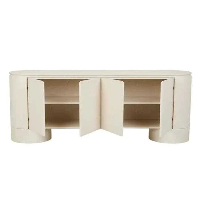 GlobeWest Pluto Buffet in porcelain finish with curved silhouette, ash veneer and MDF construction, featuring four doors and internal shelving for modern storage.