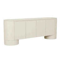 GlobeWest Pluto Buffet in porcelain with rounded edges, circular legs, and four-door ash veneer construction for modern storage.