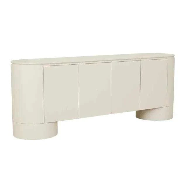 GlobeWest Pluto Buffet in porcelain with rounded edges, circular legs, and four-door ash veneer construction for modern storage.