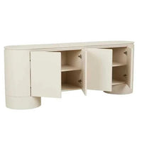 GlobeWest Pluto Buffet in porcelain finish with rounded silhouette, circular legs, three-door ash veneer storage cabinet.