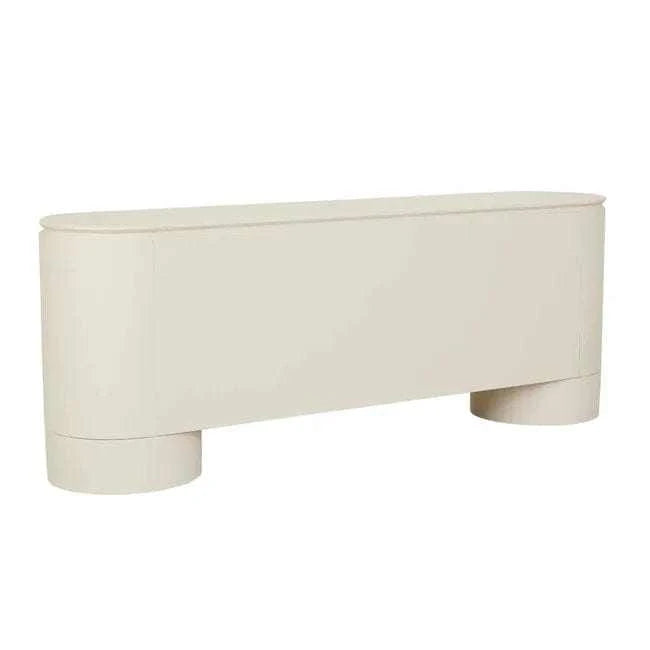 GlobeWest Pluto Buffet in porcelain with minimalist rounded design and circular legs, ash veneer and MDF construction.