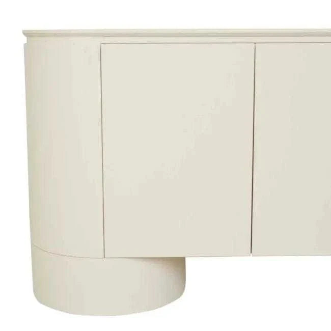 GlobeWest Pluto Buffet in porcelain finish with rounded silhouette and circular legs, ash veneer and MDF construction.