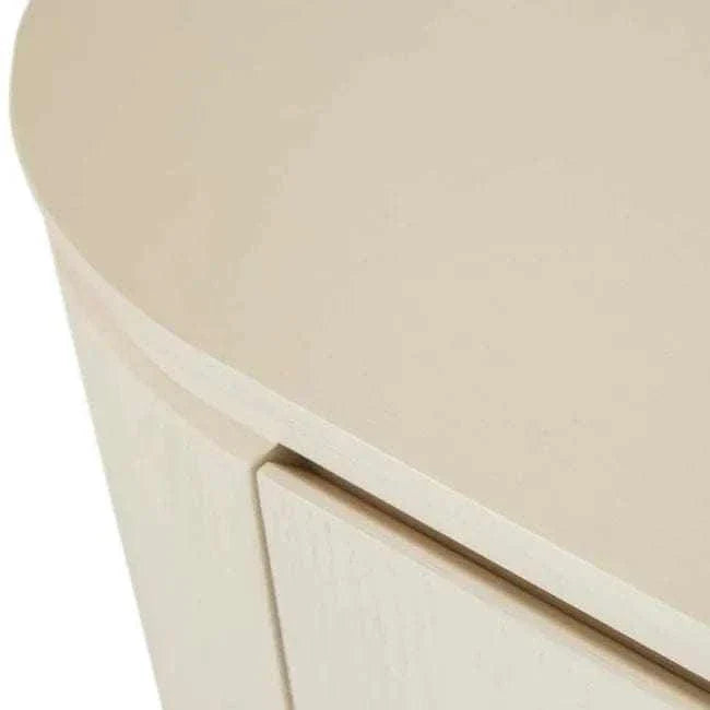 Close-up of GlobeWest Pluto Buffet in porcelain finish showcasing smooth rounded edges and ash veneer material.