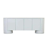 GlobeWest Pluto Buffet in powder blue with rounded silhouette and circular legs, modern ash veneer sideboard with four doors and built-in shelves