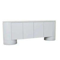 GlobeWest Pluto Buffet in powder blue with rounded silhouette and circular legs, featuring four doors and ash veneer finish