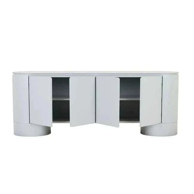 GlobeWest Pluto Buffet in powder blue with ash veneer, rounded silhouette, circular legs, and four doors with two internal compartments.