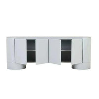 GlobeWest Pluto Buffet in powder blue with ash veneer, rounded silhouette, circular legs, and four doors with two internal compartments.