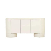 GlobeWest Pluto Buffet in porcelain with rounded silhouette and circular legs, ash veneer and MDF construction with four doors.