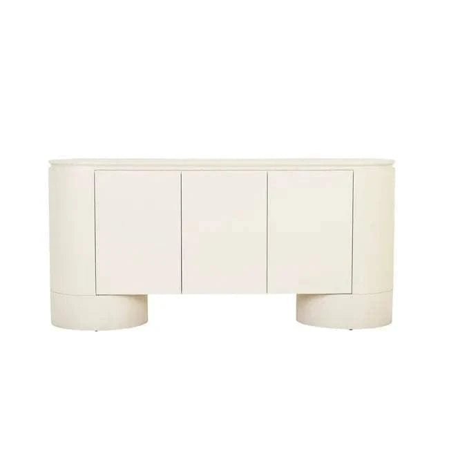 GlobeWest Pluto Buffet in porcelain with rounded silhouette and circular legs, ash veneer and MDF construction with four doors.