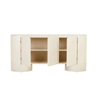 GlobeWest Pluto Buffet in porcelain finish with rounded silhouette, circular legs, and three-door storage design