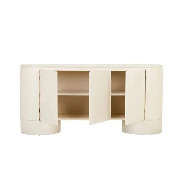 GlobeWest Pluto Buffet in porcelain finish with rounded silhouette, circular legs, and three-door storage design
