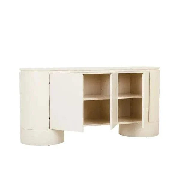 GlobeWest Pluto Buffet in porcelain with rounded legs and four-door ash veneer storage cabinet