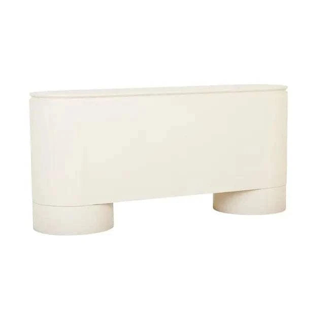 GlobeWest Pluto Buffet in porcelain finish with rounded silhouette and circular legs, ash veneer and MDF construction, minimalist modern storage cabinet.