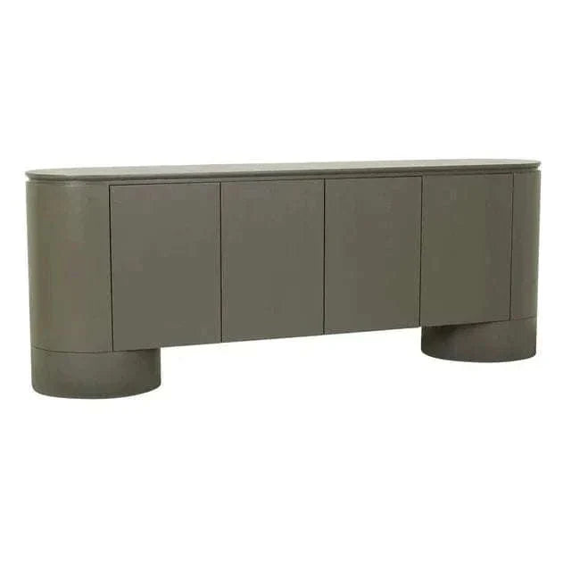GlobeWest Pluto Buffet in Snowgum with minimalist design, circular legs, four doors, ash veneer and MDF construction.