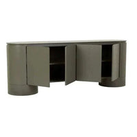 GlobeWest Pluto Buffet in Snowgum with a minimalist rounded design, ash veneer and MDF, four doors and two internal compartments for contemporary storage.