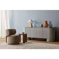 GlobeWest Pluto Buffet in Snowgum with minimalist design, circular legs, four doors, ash veneer finish in modern living room setting