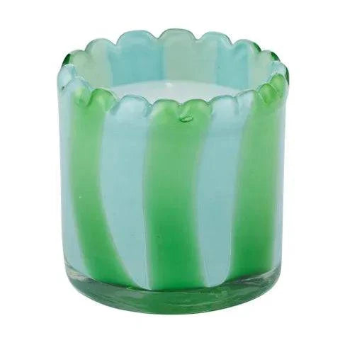 Ella Glass Candle in sky and emerald striped hand-painted glass vessel with scalloped edge