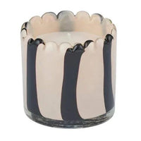 Ella Glass Candle in ivory and black with scalloped rim and striped pattern in a hand-painted glass vessel.