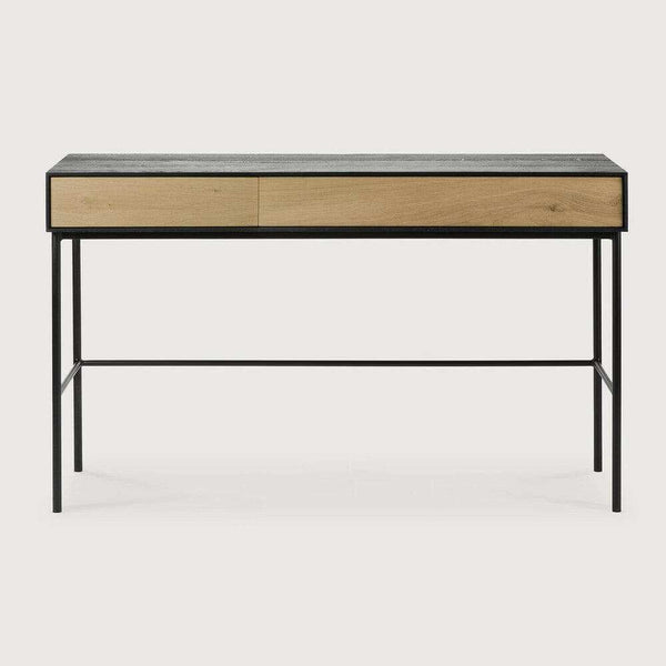 Ethnicraft Blackbird console desk with natural oak drawers and black metal frame, featuring soft-close drawers and modern design.