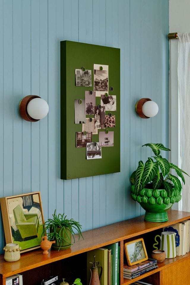 Slate-colored Mustard Made magnetic buttons holding photos on a green board in a living room setting