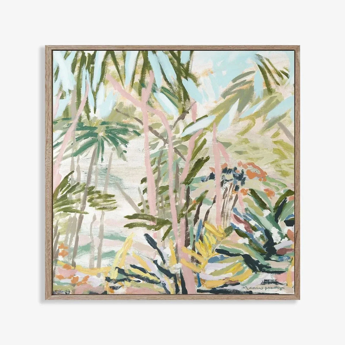 Marcia Priestley limited edition fine art canvas print depicting abstract tropical landscape in pastel tones with floating oak frame