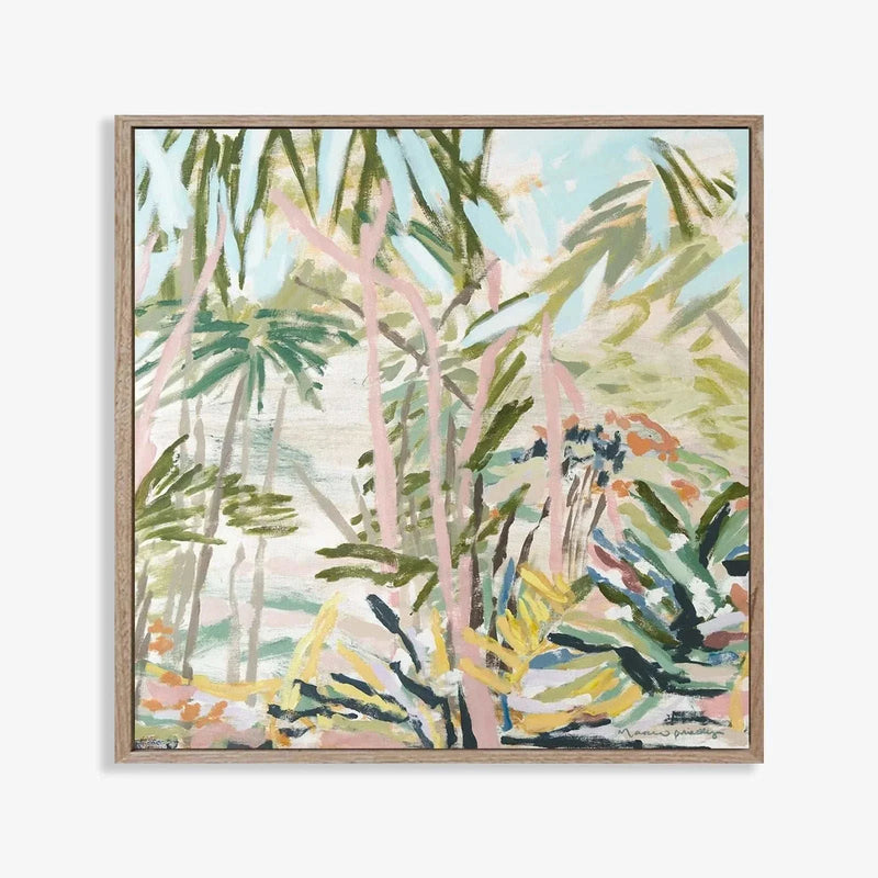Marcia Priestley limited edition fine art canvas print depicting abstract tropical landscape in pastel tones with floating oak frame