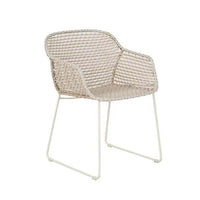 GlobeWest Cabana Link dining armchair in sand linen with woven resin seat and metal frame