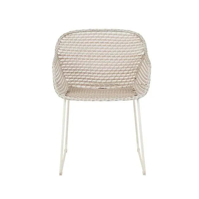 GlobeWest Cabana Link dining armchair in sand linen with metal frame and woven resin seat