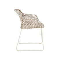 GlobeWest Cabana Link outdoor dining armchair in sand linen with woven resin seat and sleek metal frame