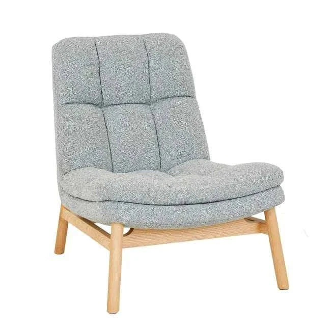 GlobeWest Kip Occasional Chair in Nimbus grey fabric with natural ash wood legs, modern cushioned lounge chair with high supportive back