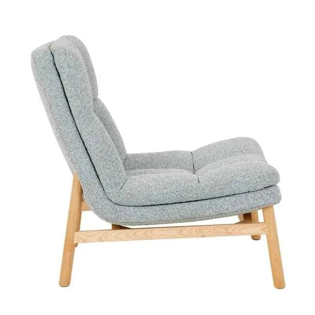 GlobeWest Kip Occasional Chair in Nimbus fabric with natural ash wood legs, featuring a high back and plush cushioning for modern indoor comfort