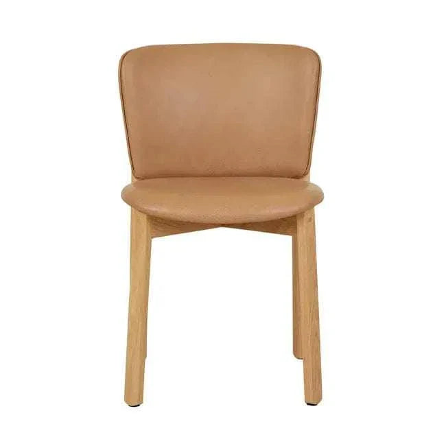 GlobeWest Sketch Pinta Dining Chair with pecan leather seat and light oak wooden frame, modern curved backrest design