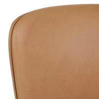 Close-up of GlobeWest Sketch Pinta Dining Chair's pecan leather curved backrest with light oak frame and smooth texture
